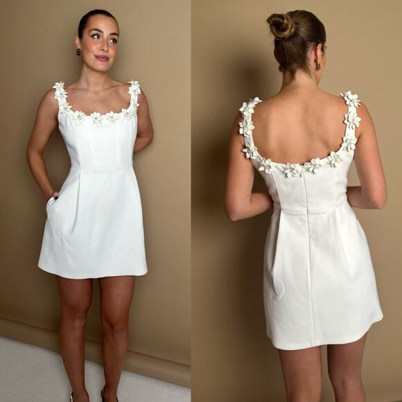 Nadine Merabi Cindy Mini Dress White Flower Applique Rosette Square Neck Size XL - Picture 3 of 16